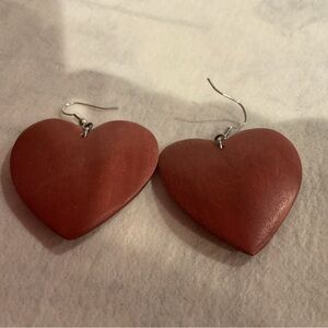 Red Wood Heart Drop Earrings - Women's Fashion Jewelry